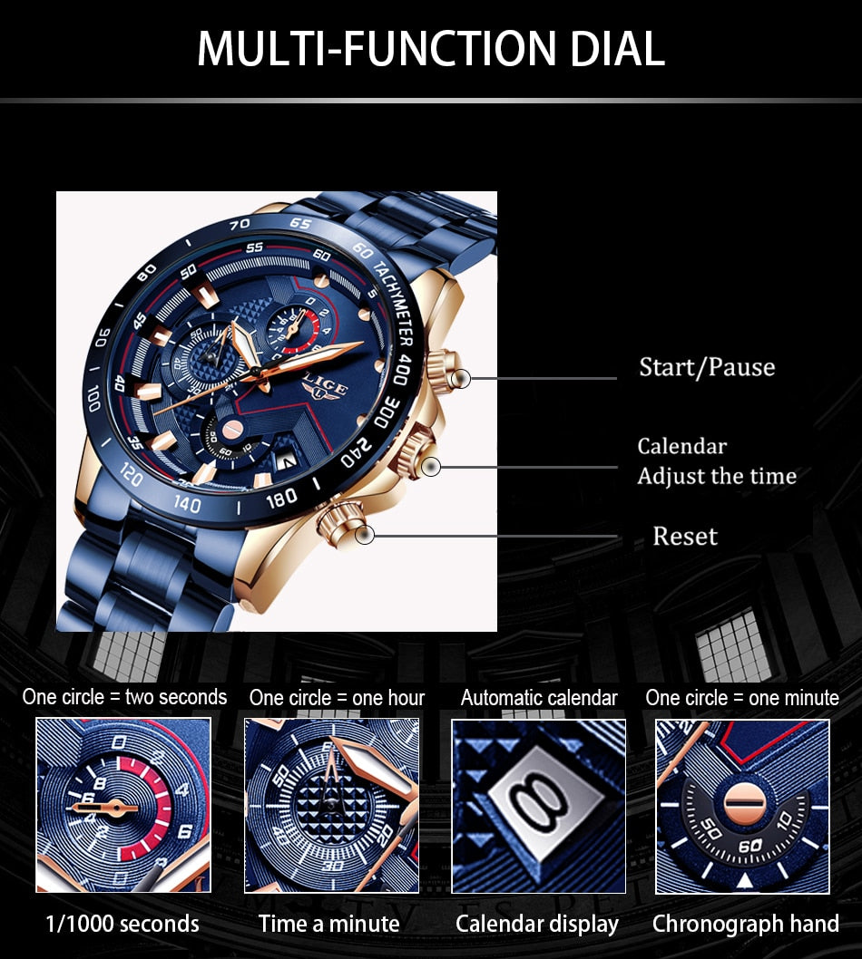 Black/Blue LIGE Men's Watch