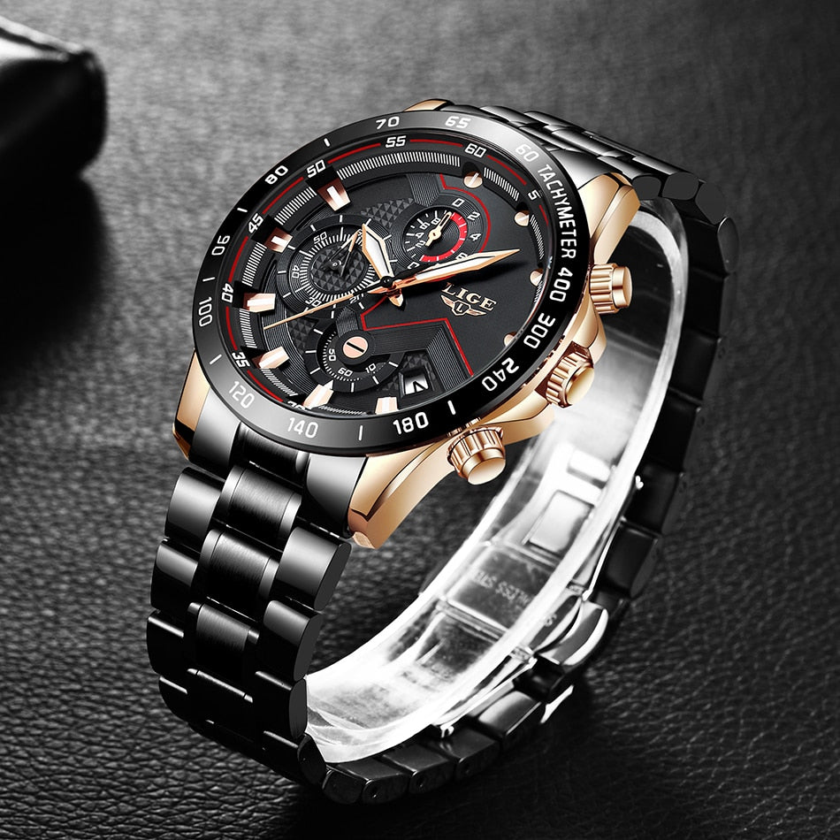 Rose Gold/Balck LIGE Fashion Men's Watch