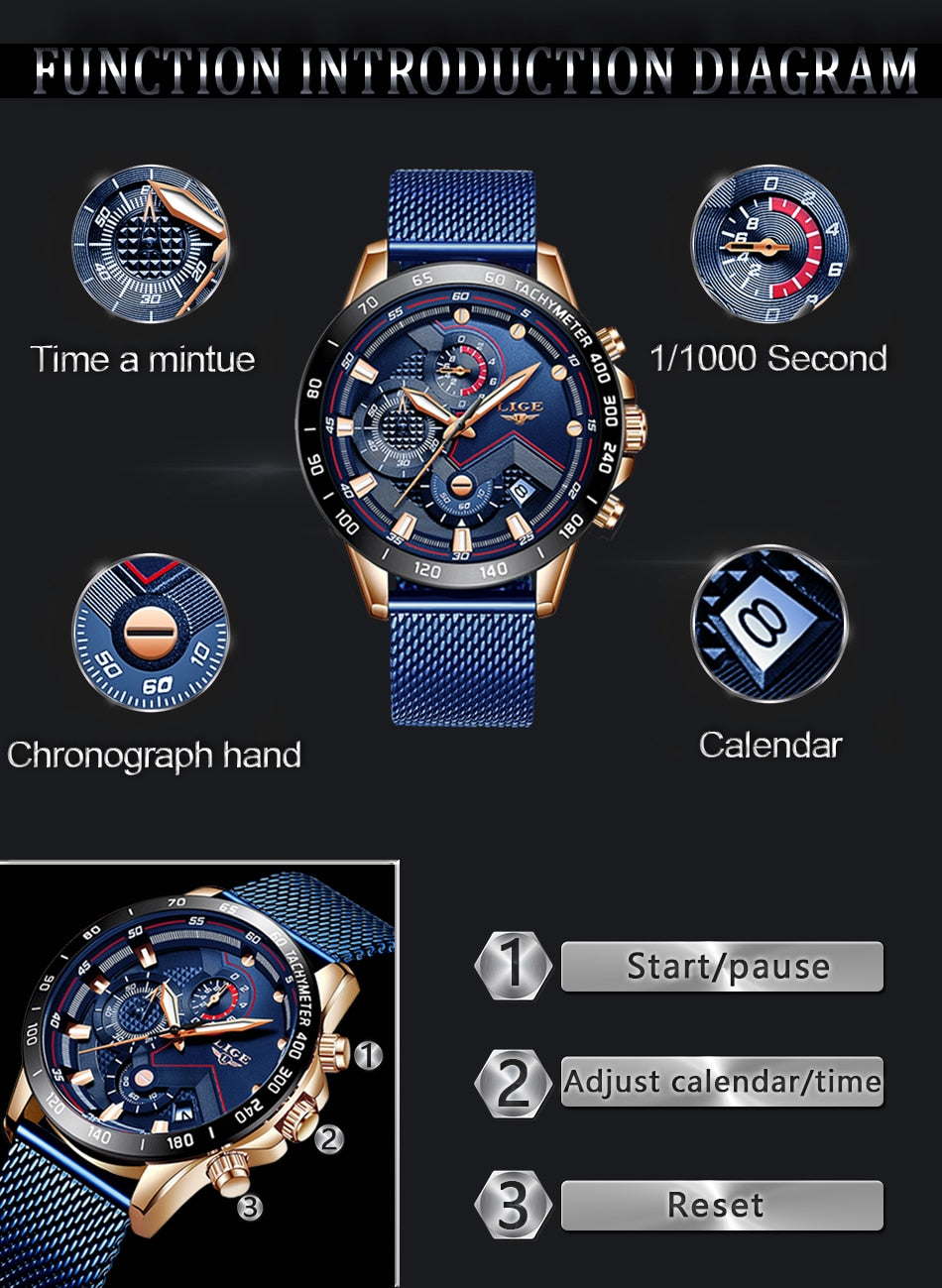 Rose Gold/Blue LIGE Fashion Men's Watch