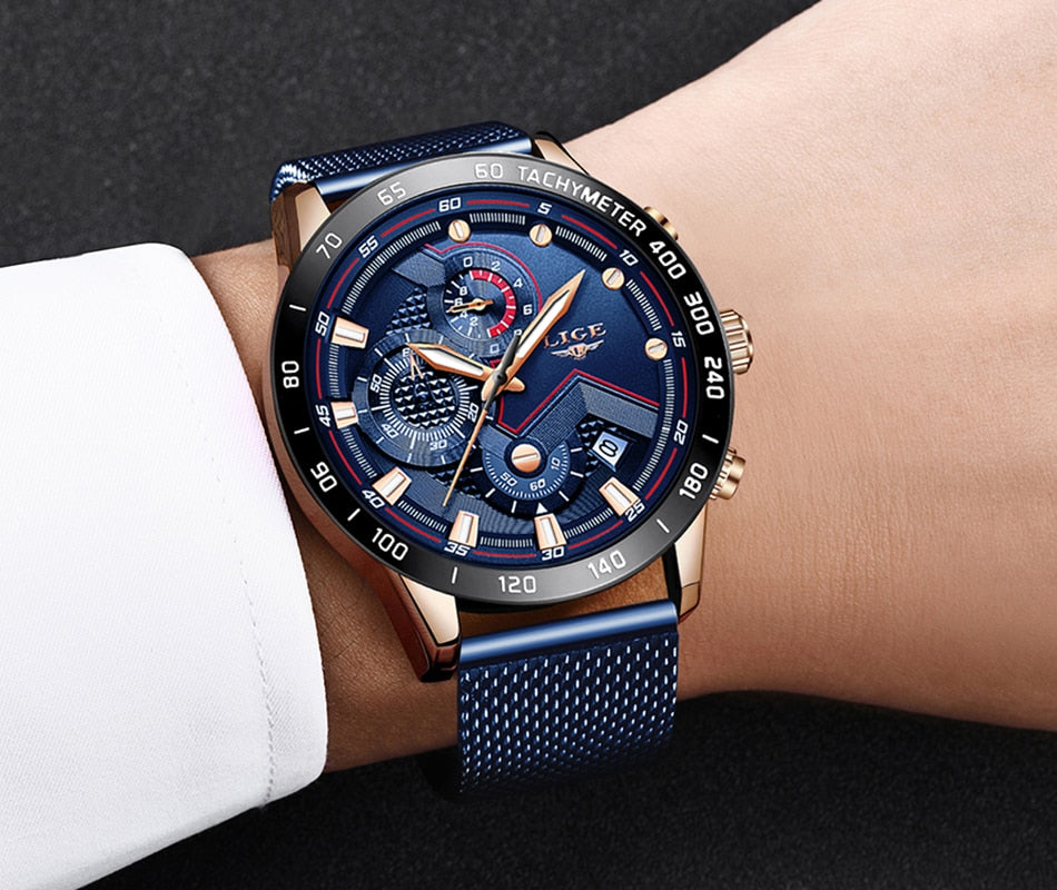 Rose Gold/Blue LIGE Fashion Men's Watch