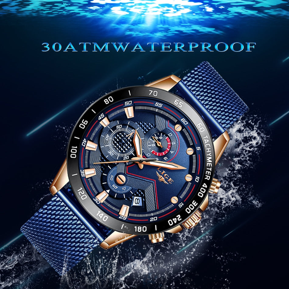 Rose Gold/Blue LIGE Fashion Men's Watch