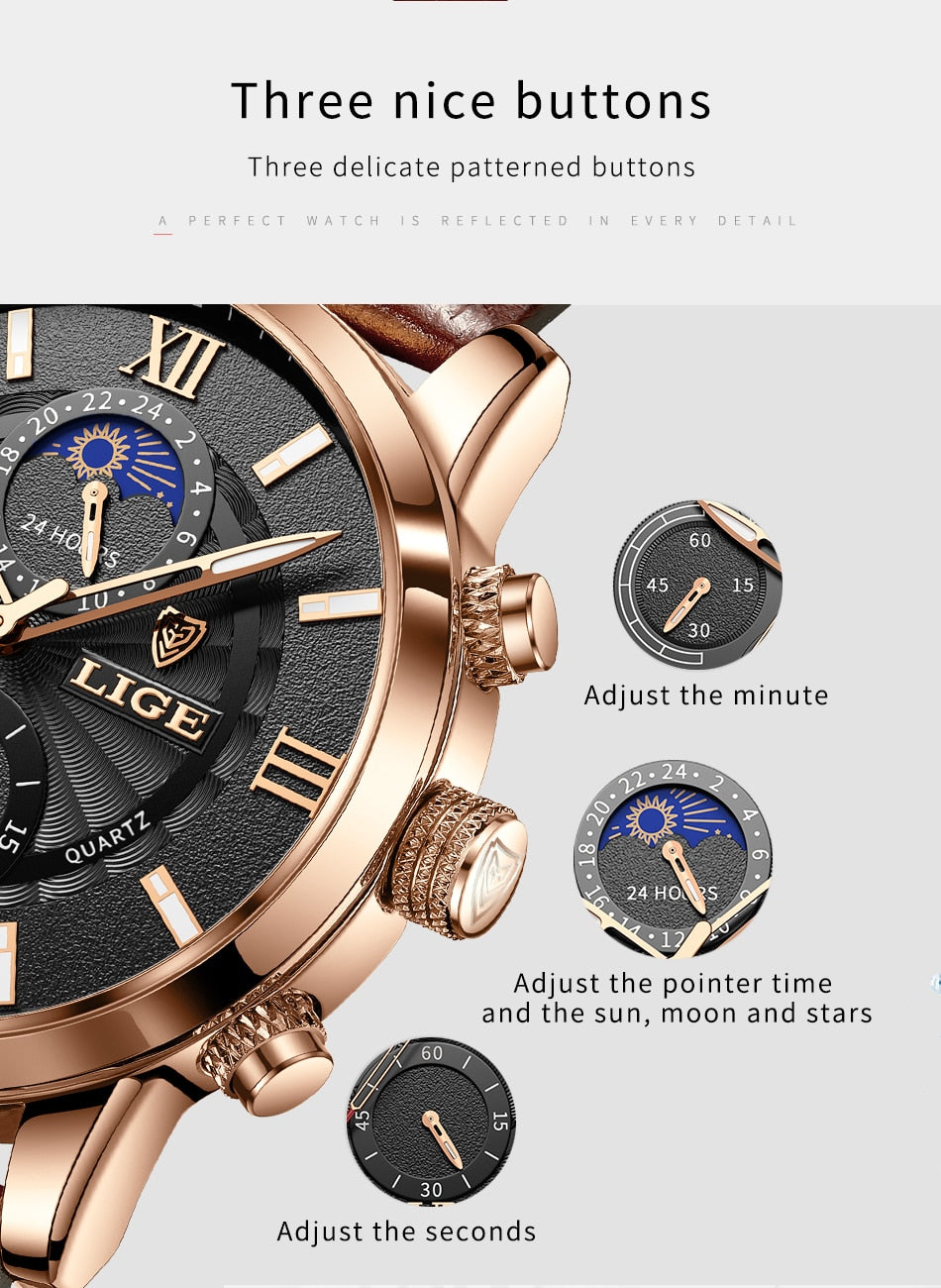 Rose Gold/Black Lige Men's Watches