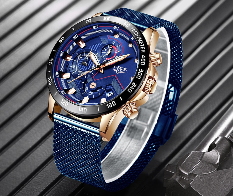 Rose Gold/Blue LIGE Fashion Men's Watch