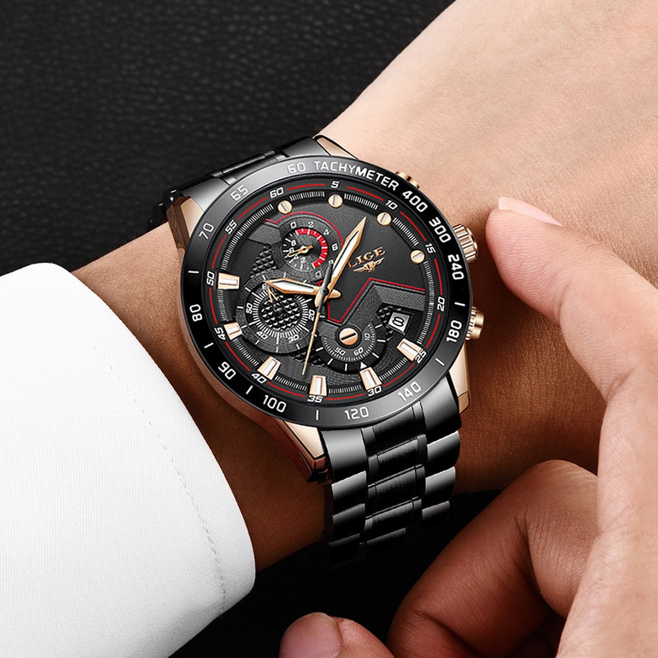 Rose Gold/Balck LIGE Fashion Men's Watch