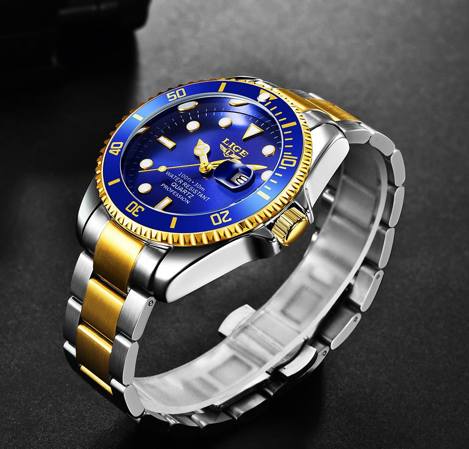 Rose Gold/Blue LIGE Men's Watch