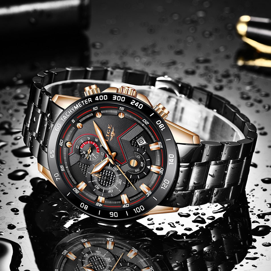 Rose Gold/Balck LIGE Fashion Men's Watch