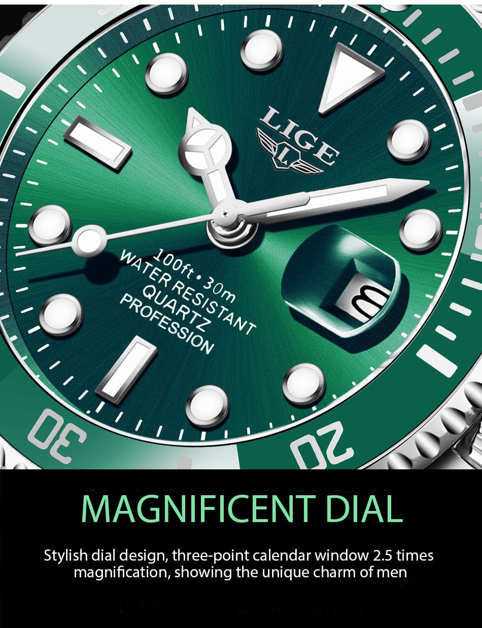 Silver/Green LIGE Men's Watch