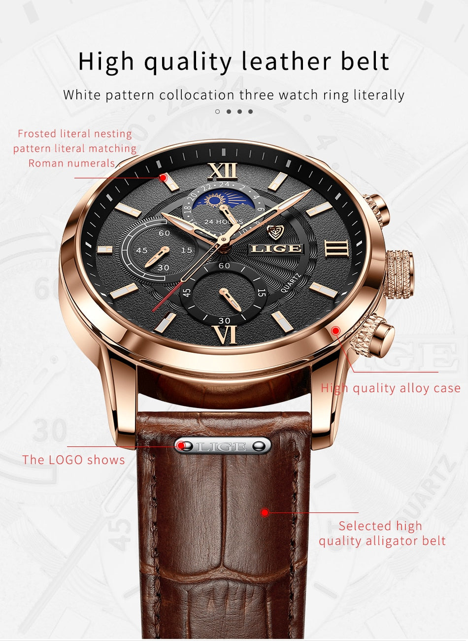 Rose Gold/White LIGE Men's Watches