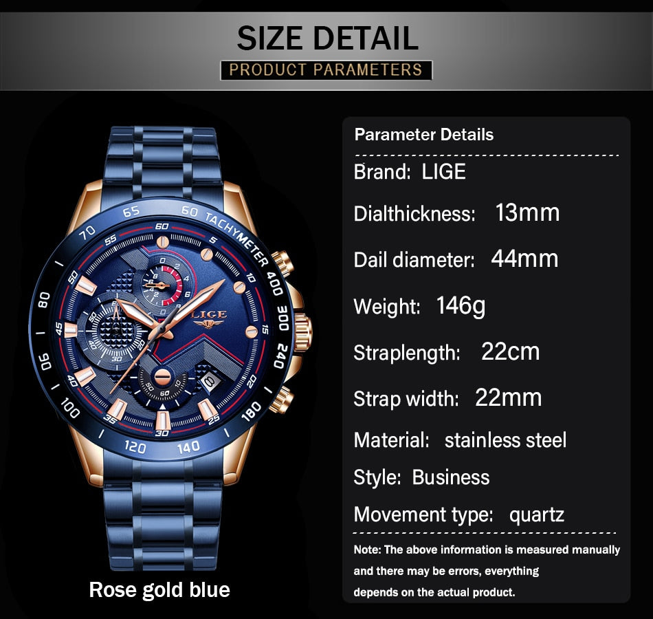 Rose Gold/Balck LIGE Fashion Men's Watch