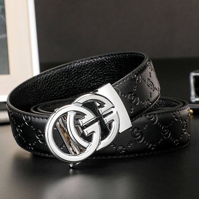 Black Genuine Leather Belt W/ Silver Double G Buckle