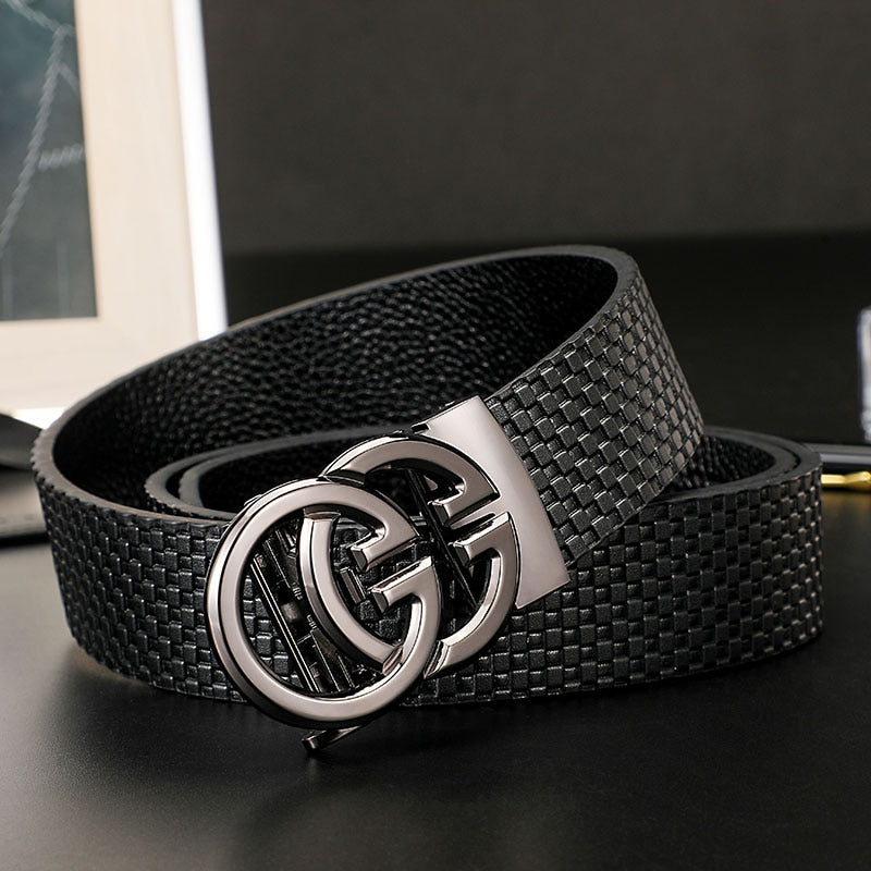 Black Genuine Leather Belt W/ Grey Double G Buckle