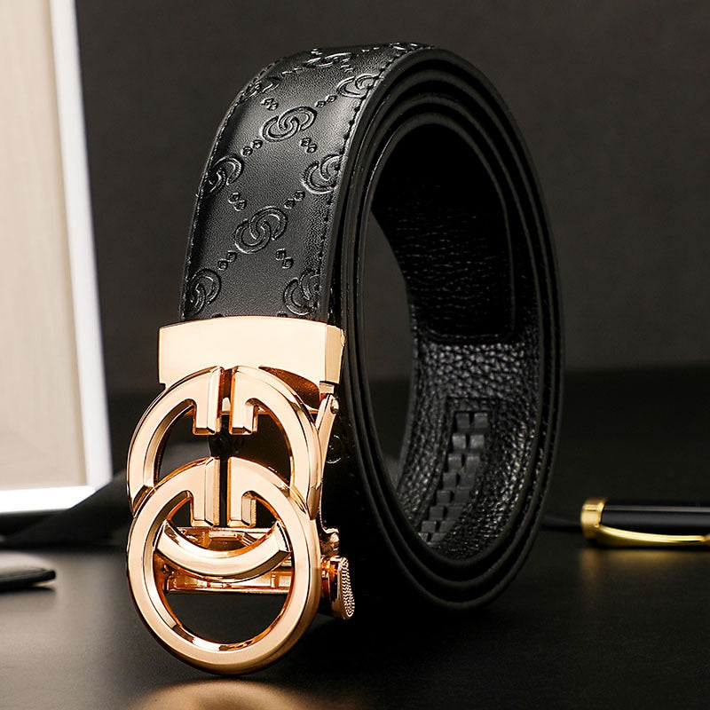 Black Genuine Leather Gold Double G Buckle