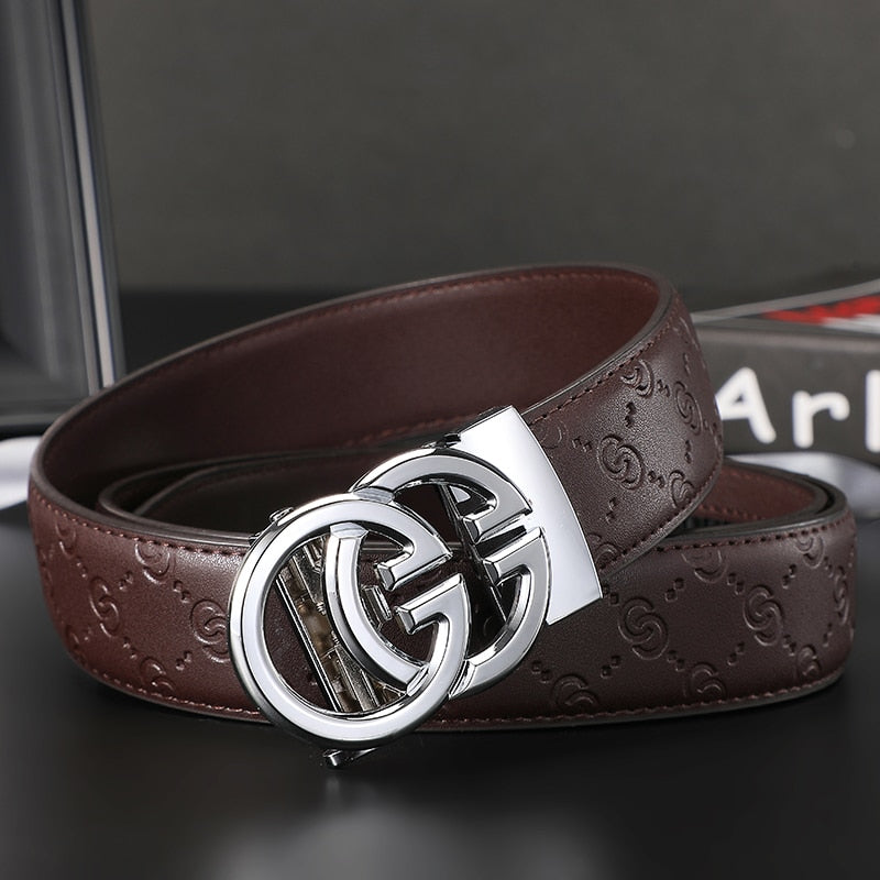 Brown Genuine Leather Belt W/ Silver Double G Buckle