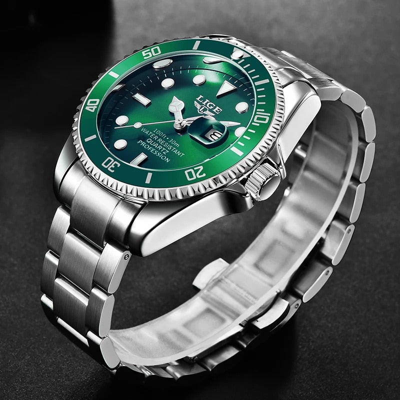 Silver/Green LIGE Men's Watch