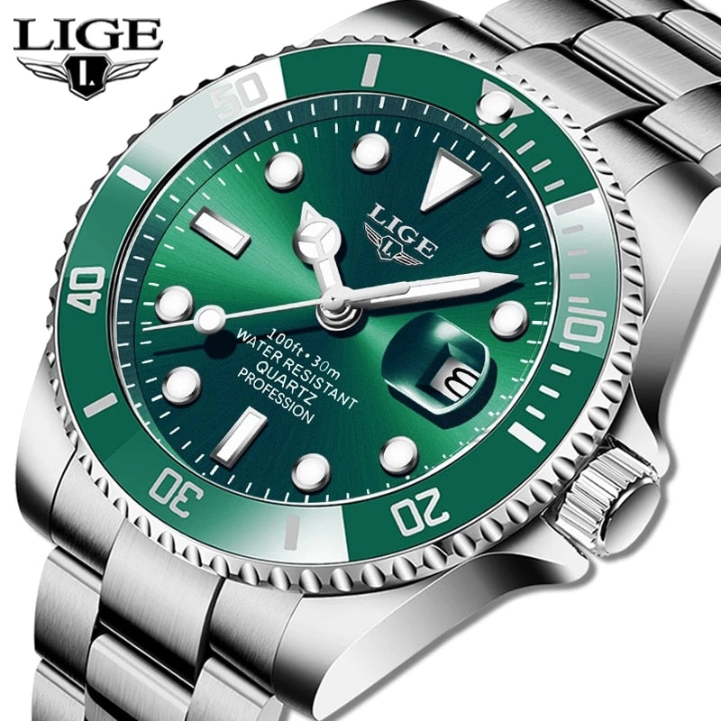 Silver/Green LIGE Men's Watch