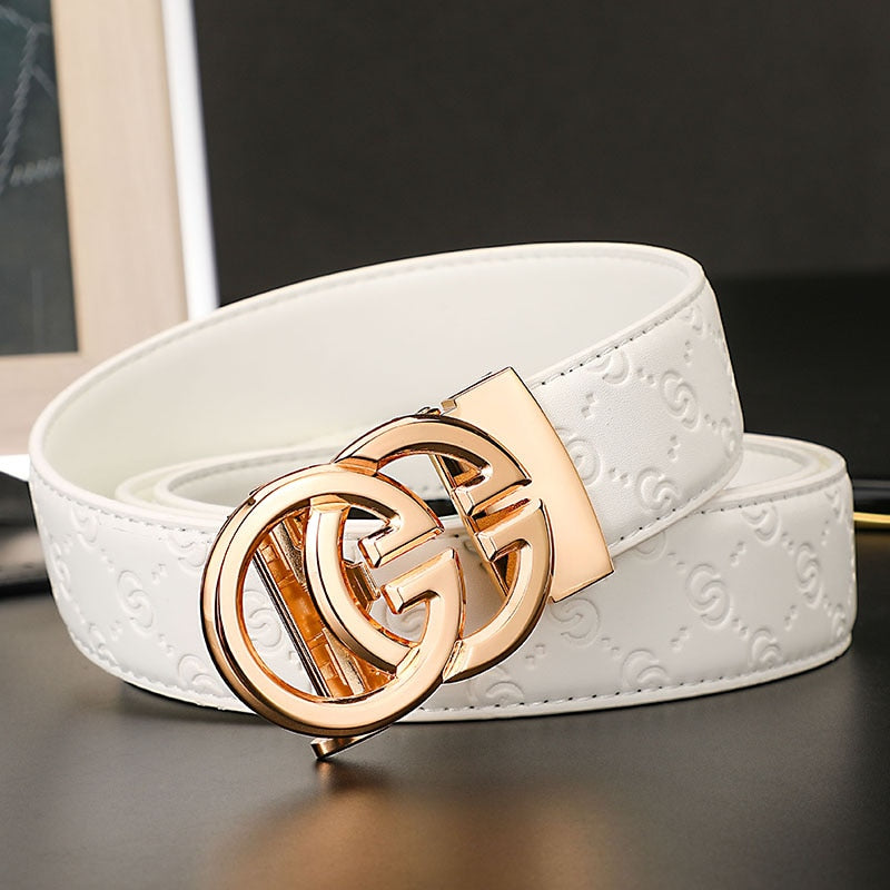 White Genuine Leather Belt W/ Silver Double G Buckle