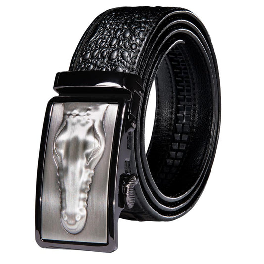 Black Genuine Leather Belt Automatic Ratchet Buckle Waistband