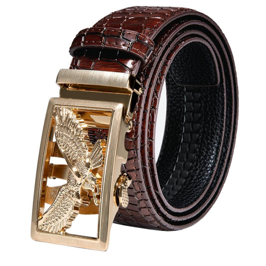 Brown Genuine Leather Belt Automatic Ratchet Buckle Waistband