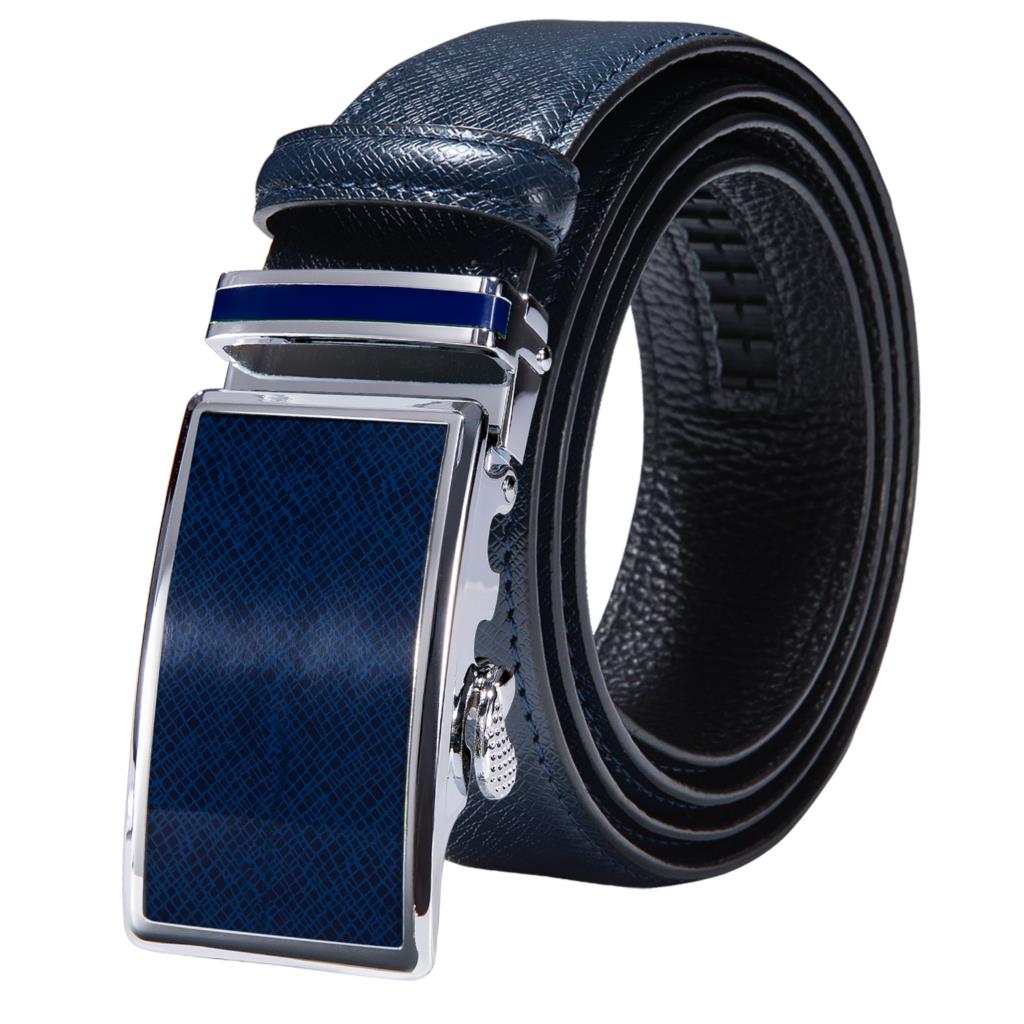 Blue Genuine Leather Belt Automatic Ratchet Buckle Waistband