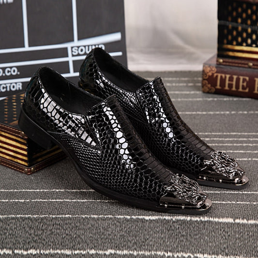 Black snake embossed Genuine leather shoes dragon head pointed shoes.