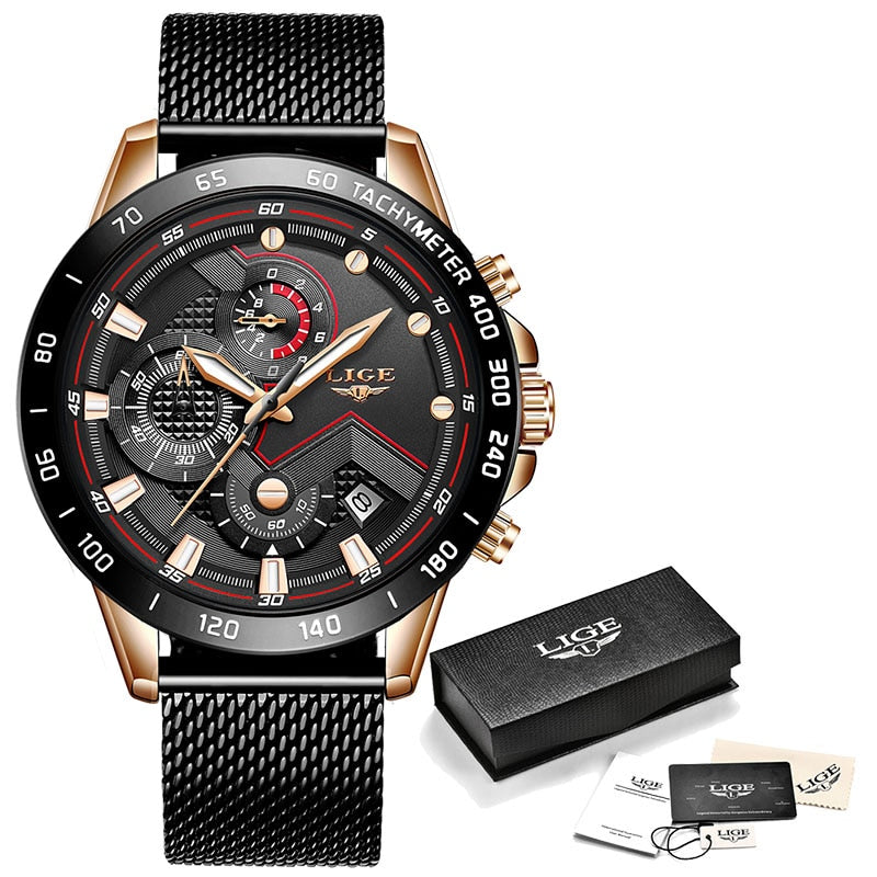 Rose Gold/Black LIGE Mens Watch