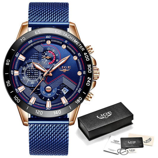 Rose Gold/Blue LIGE Fashion Men's Watch