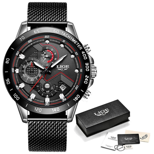 Black/Silver LIGE Fashion Mens Watch