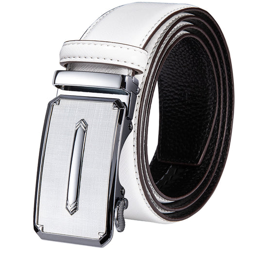 White Genuine Leather Belt Automatic Ratchet Buckle Waistband