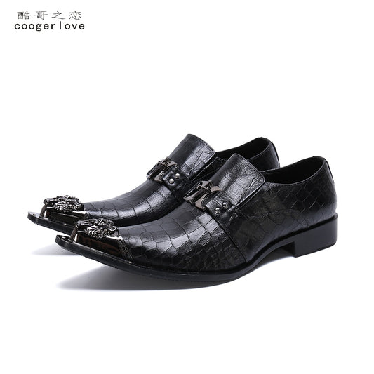 Black Snake Embossed Genuine Leather Shoes Dragon Head Pointed