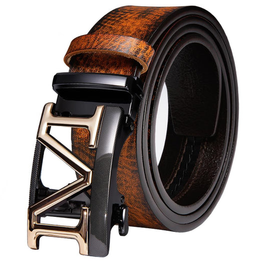 Burnt Orange Genuine Leather Belt Automatic Ratchet Buckle Waistband