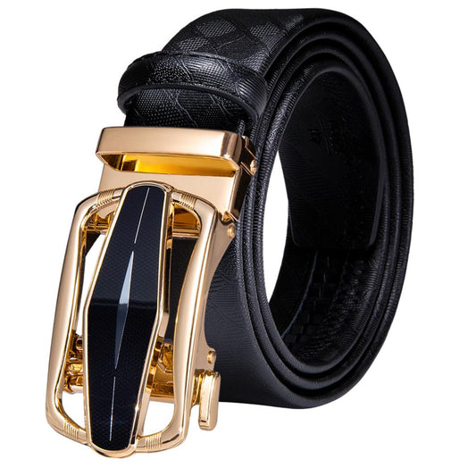 Black Genuine Leather Belt Automatic Ratchet Buckle Waistband