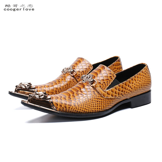 Orange snake embossed Genuine leather shoes dragon head pointed