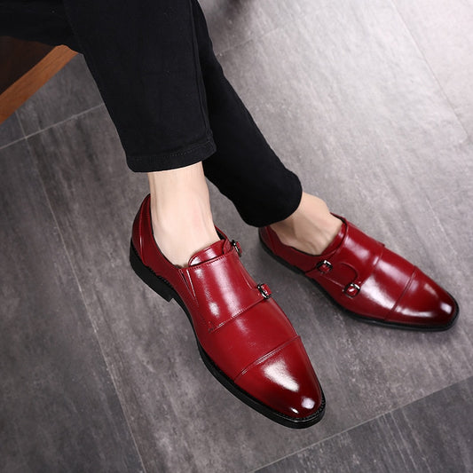 Wine Red Men's Leather Buckle Strap Derby Shoes