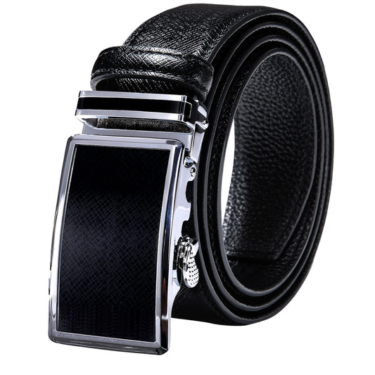 Black Genuine Leather Belt Automatic Ratchet Buckle Waistband