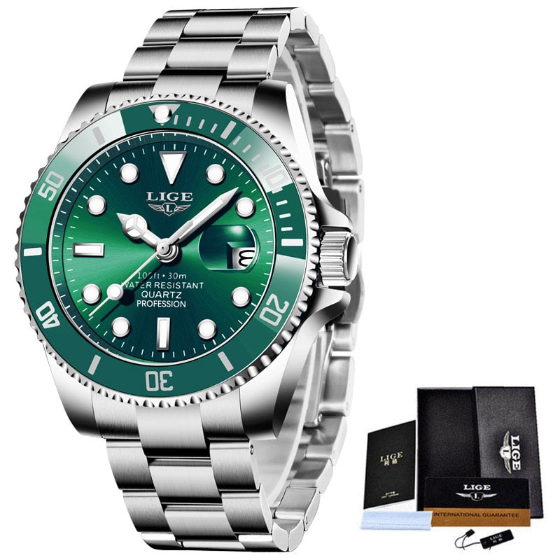 Silver/Green LIGE Men's Watch