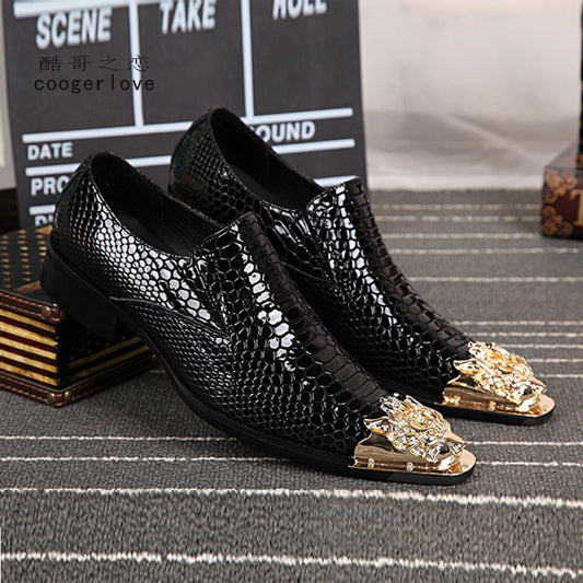 Black Snake Embossed Genuine Leather Shoes Dragon Head Pointed