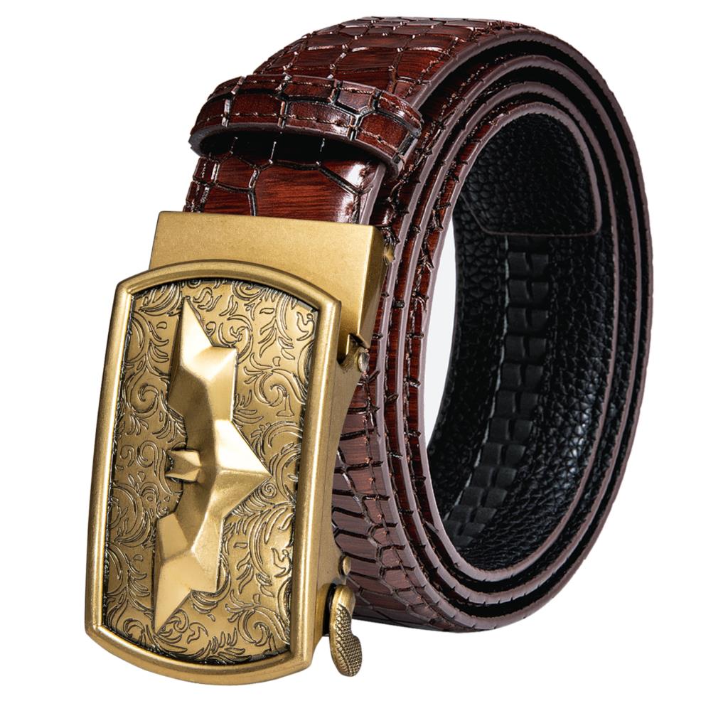 Brown Genuine Leather Belt Automatic Ratchet Buckle Waistband