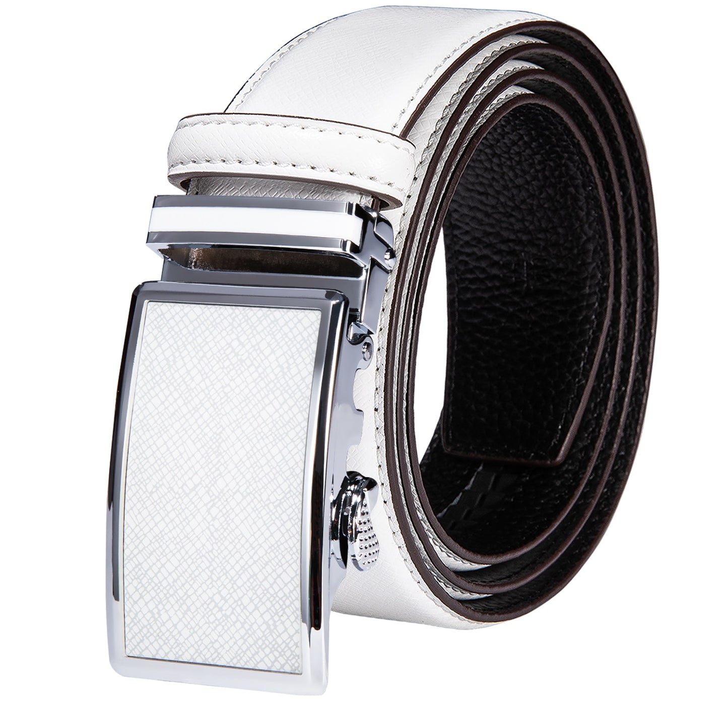 White Genuine Leather Belt Automatic Ratchet Buckle Waistband