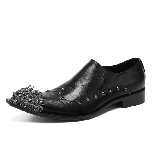 Black Snake Embossed Genuine Leather Shoes Dragon Head Pointed