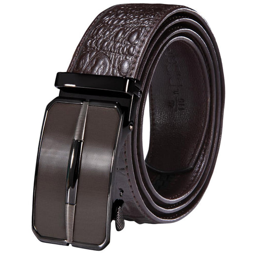 Brown Genuine Leather Belt Automatic Ratchet Buckle Waistband