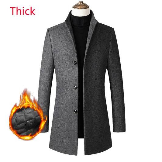 Gray Thick Men's Three Button Casual Business Woolen Coat