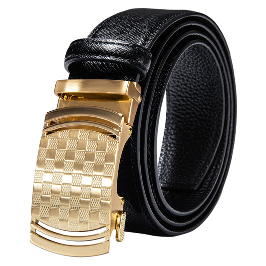 Black Genuine Leather Belt Automatic Ratchet Buckle Waistband