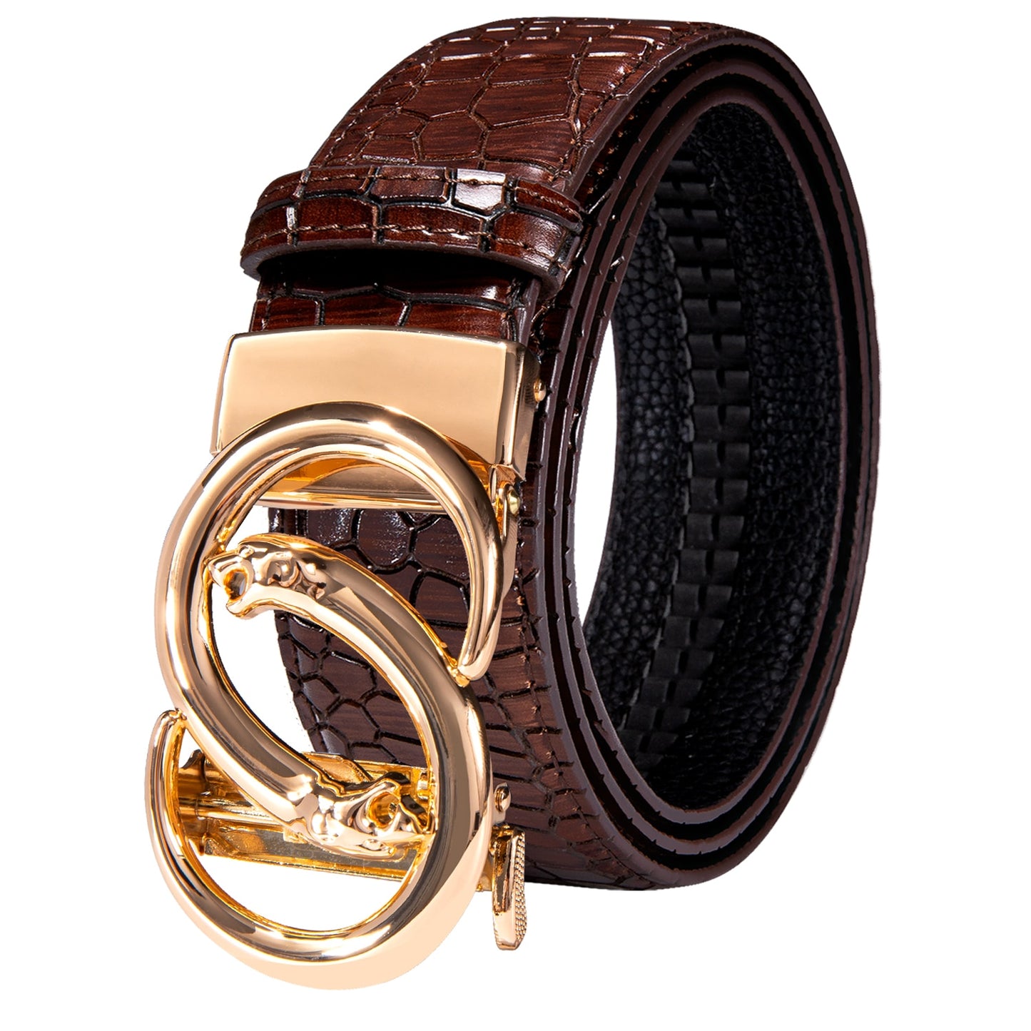 Brown Genuine Leather Belt Automatic Ratchet Buckle Waistband