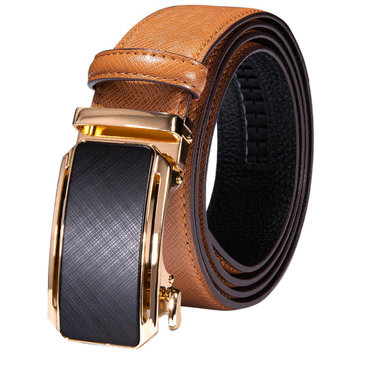 Light Brown Genuine Leather Belt Automatic Ratchet Buckle Waistband