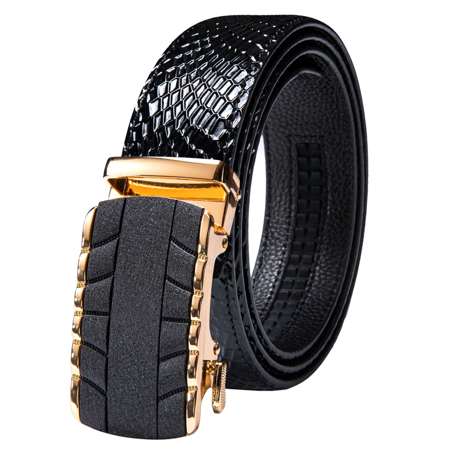 Black Genuine Leather Belt Automatic Ratchet Buckle Waistband