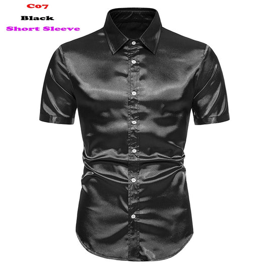 Black Silk Satin Shirt Short Sleeve