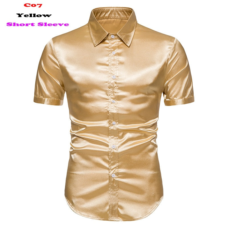 Gold Silk Satin Shirt Short Sleeve