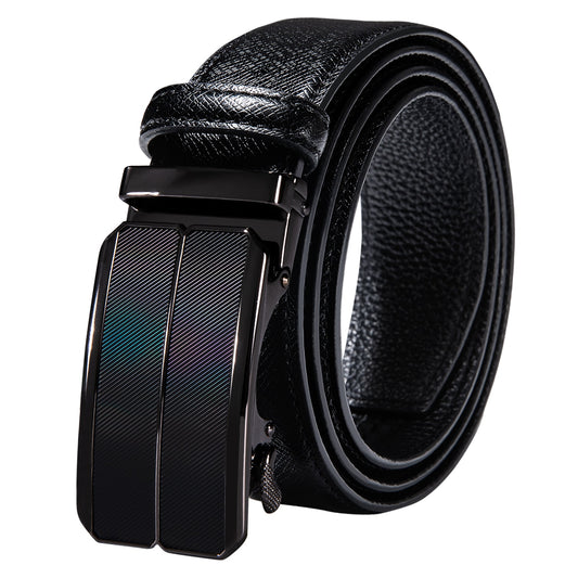 Black Genuine Leather Belt Automatic Ratchet Buckle Waistband