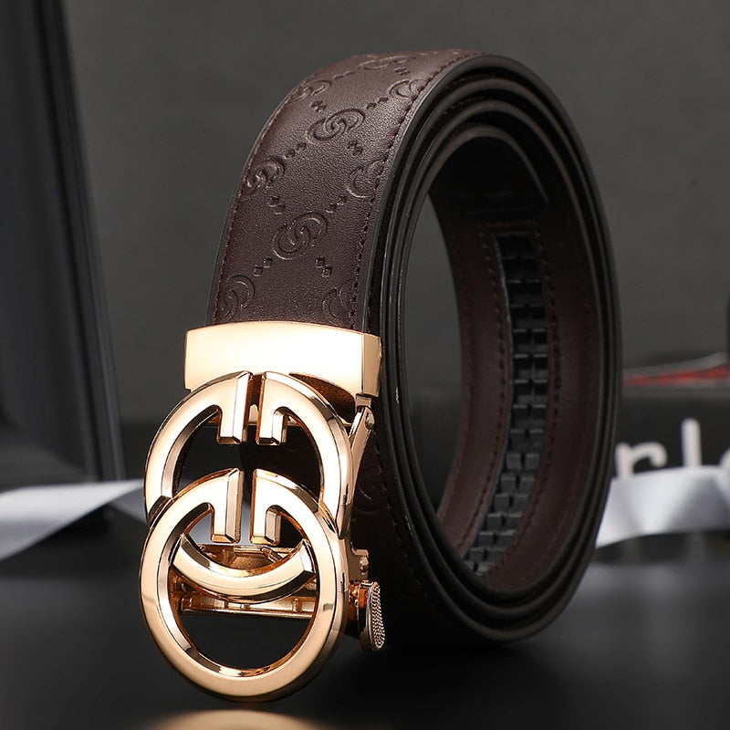 Brown Genuine Leather Belt W/ Gold Double G Buckle