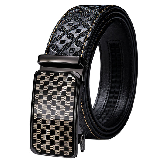 Black Genuine Leather Belt Automatic Ratchet Buckle Waistband